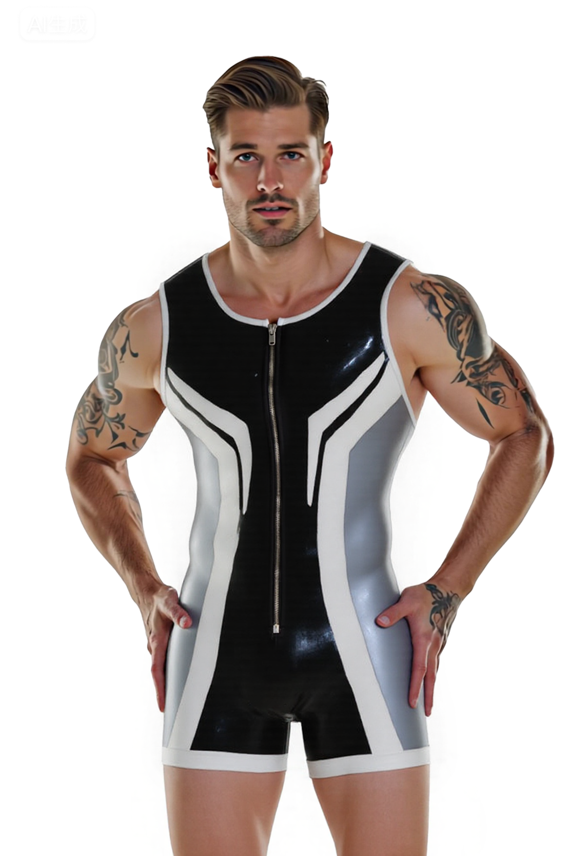 Mysteryglove Men’s PU Leather Open Back Bodysuit – Sleeveless Zipper Desig