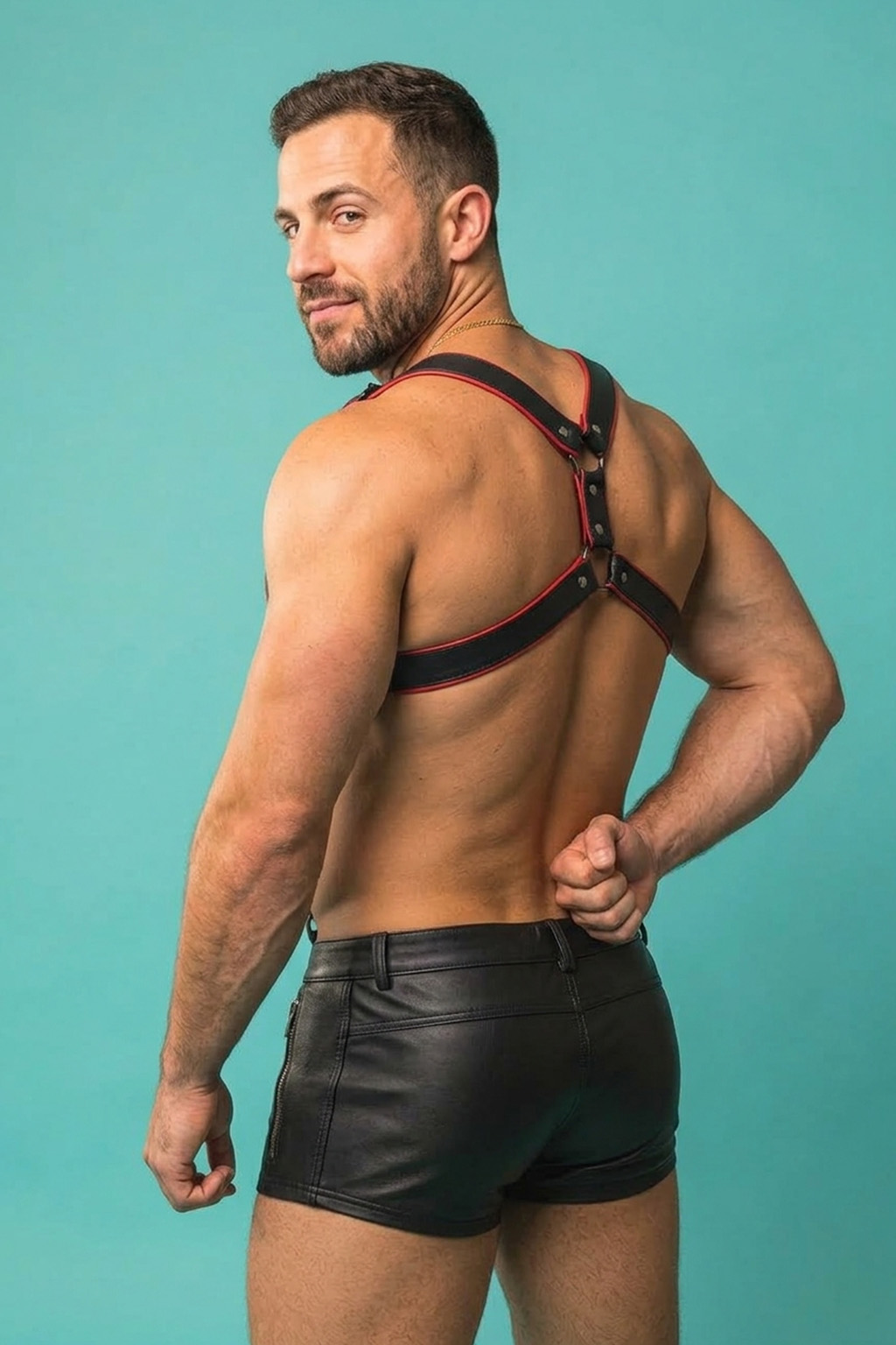 Mysteryglove Men's Black & Red PU Leather Harness Vest, O-Ring Chest Strap + Studded Details + Open Back Design