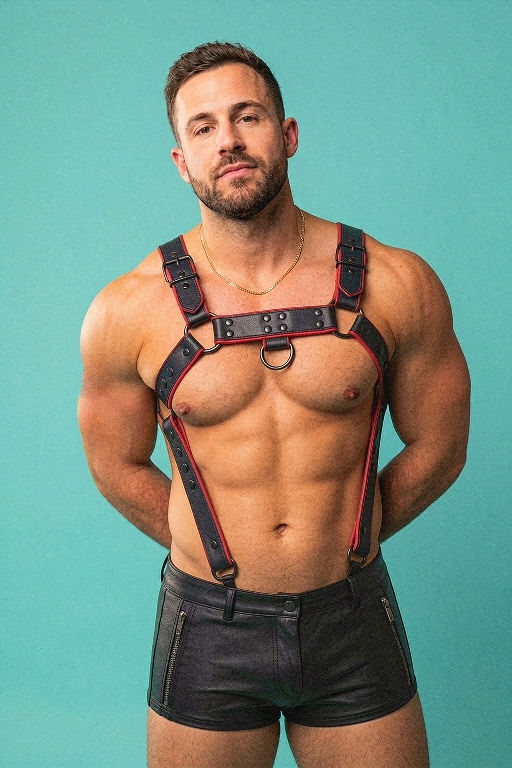 Mysteryglove Men's Black & Red PU Leather Harness Vest, O-Ring Chest Strap + Studded Details + Open Back Design