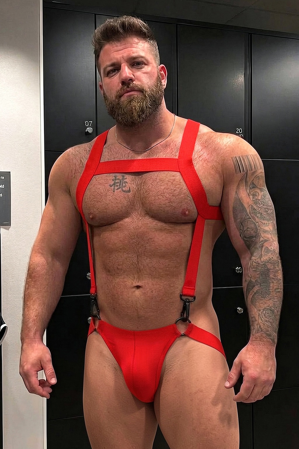 Mysteryglove Men's Red Elastic Harness Jockstrap Set, Chest Strap Design + O-Ring Detail + Open Back