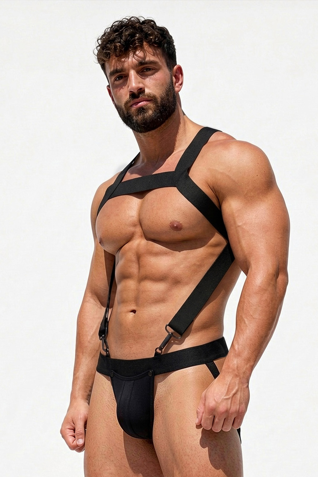 Mysteryglove Men's Black Elastic Harness Jockstrap Set, Geometric Chest Strap + X-Back Design