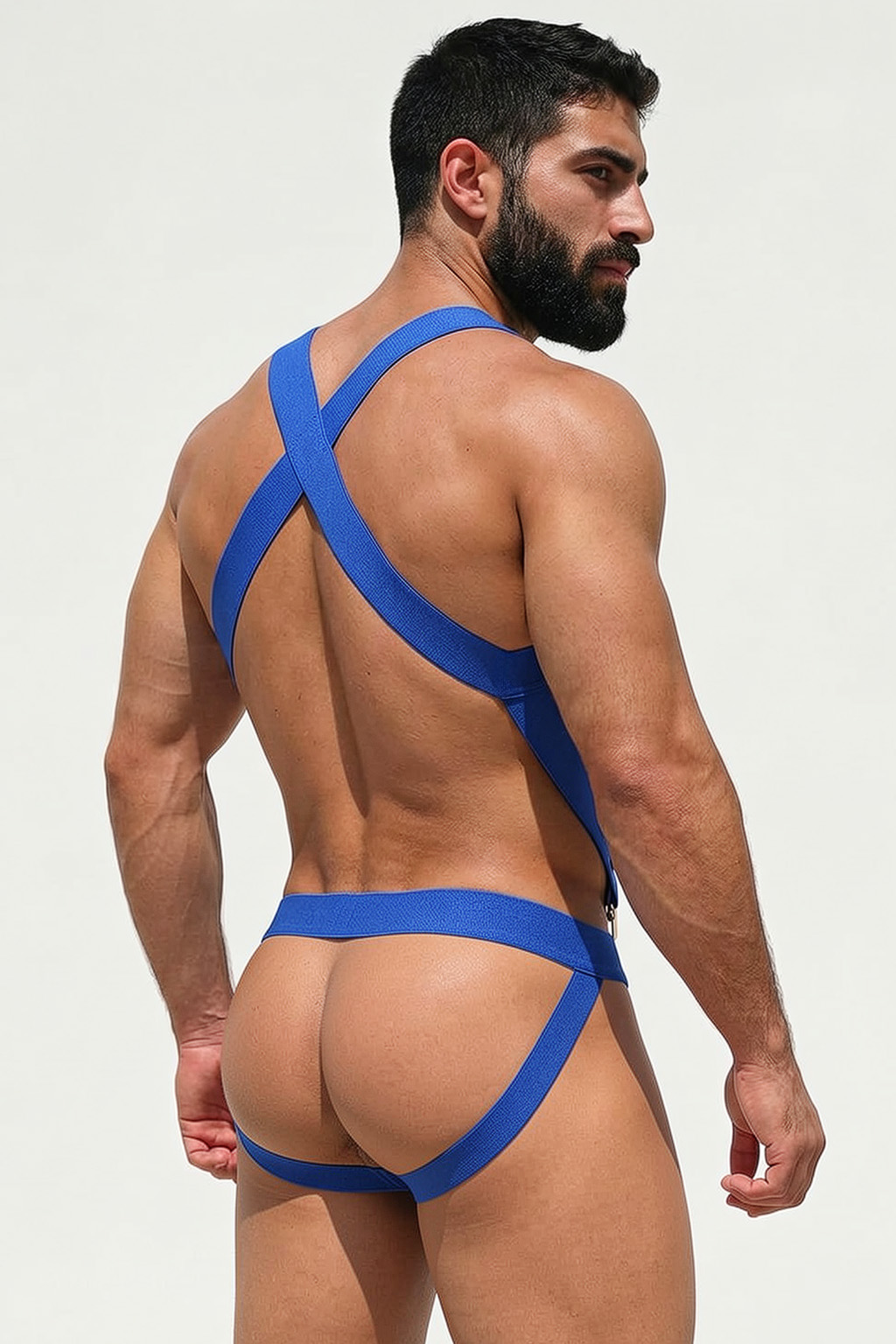 Mysteryglove Men's Blue Elastic Harness Jockstrap Set, Geometric Chest Strap + X-Back Design + Open Back