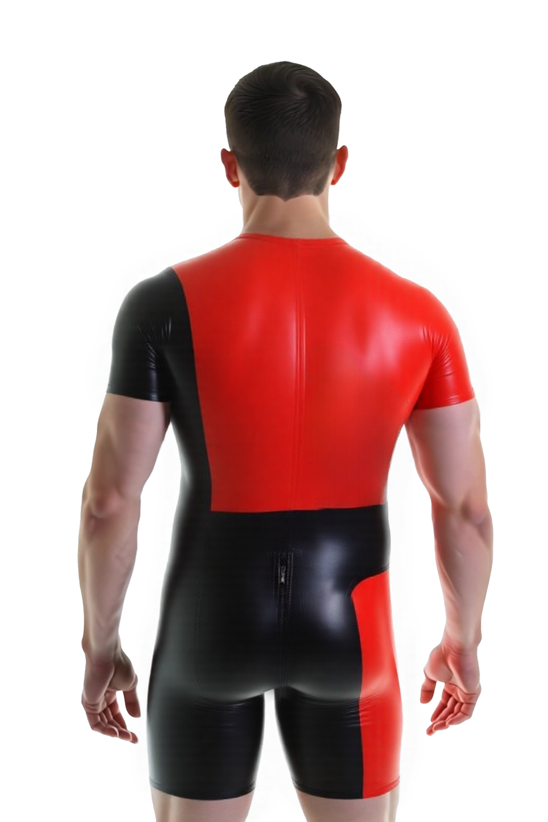 Mysteryglove Men’s Shiny PU Leather Bodysuit – Blue & Black Short Sleeve Zip Jumpsuit