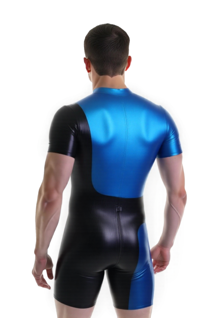 Mysteryglove Men’s Shiny PU Leather Bodysuit – Blue & Black Short Sleeve Zip Jumpsuit