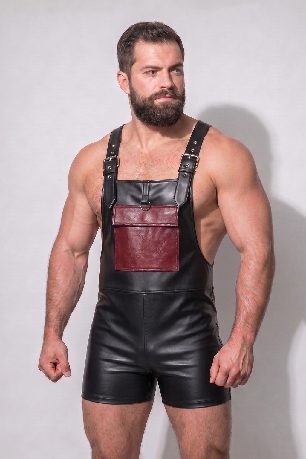 Mysteryglove Black Gloss PU Leather Harness Romper, Adjustable Shoulder Straps + Front Pocket Detail + Open Back Design