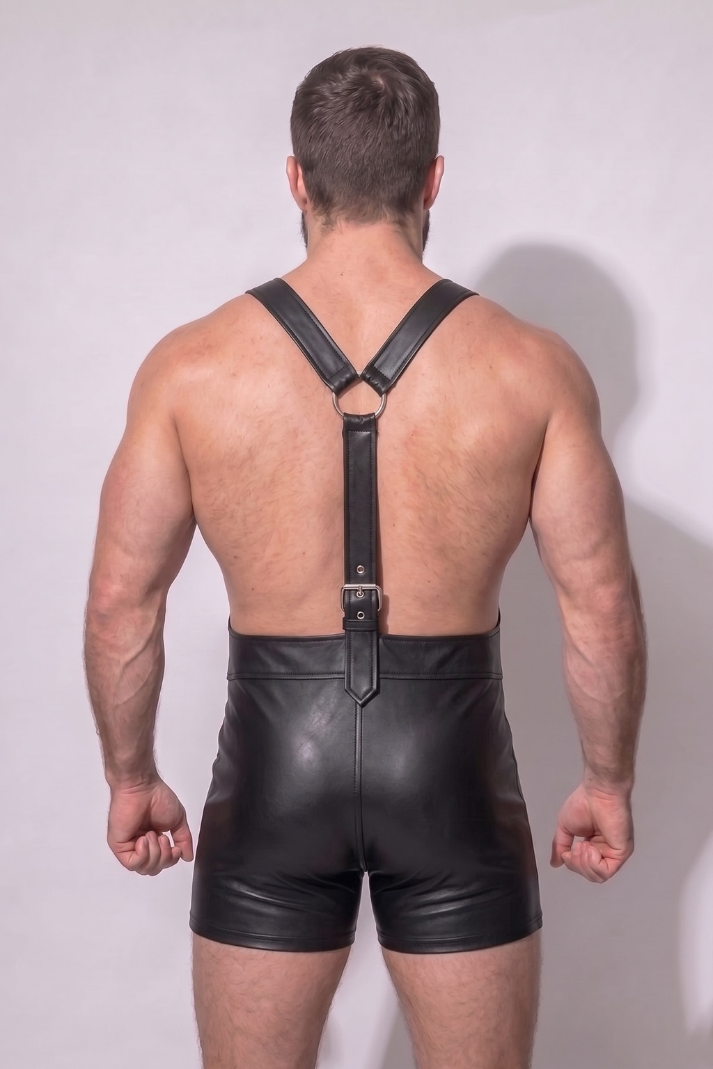 Mysteryglove Black Gloss PU Leather Harness Romper, Adjustable Shoulder Straps + Front Pocket Detail + Open Back Design