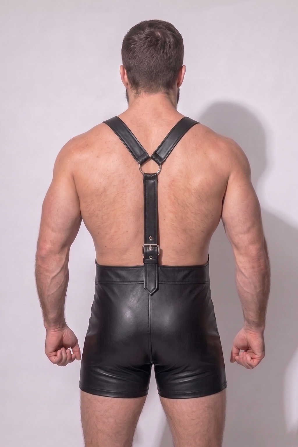 Mysteryglove Black Gloss PU Leather Harness Romper, Adjustable Shoulder Straps + Front Pocket Detail + Open Back Design
