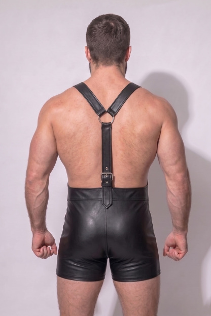Mysteryglove Black Gloss PU Leather Harness Romper, Adjustable Shoulder Straps + Front Pocket Detail + Open Back Design