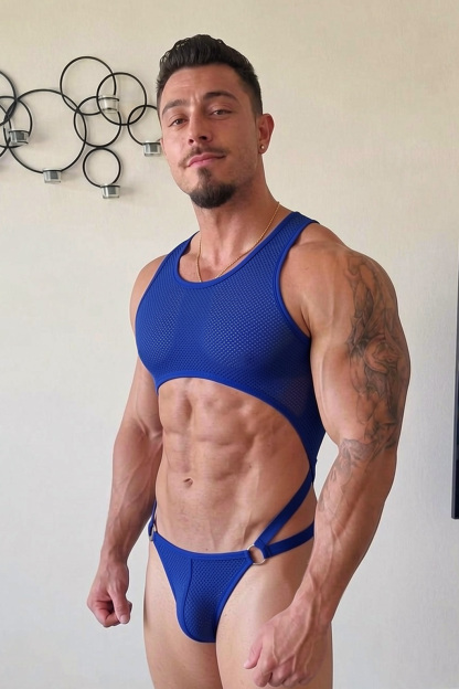 Mysteryglove Blue Mesh Harness Set, Cropped Chest Top + Open-Back Jock Bottom + O-Ring Detail