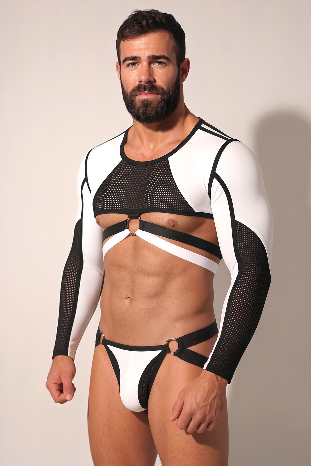 Mysteryglove Black & White Mesh Harness Set, Long Sleeve Crop Top + Open-Back Jock Bottom + O-Ring Detail