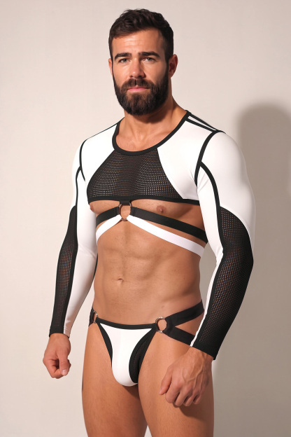 Mysteryglove Black & White Mesh Harness Set, Long Sleeve Crop Top + Open-Back Jock Bottom + O-Ring Detail