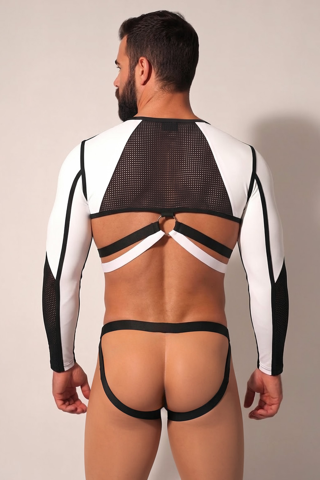 Mysteryglove Black & White Mesh Harness Set, Long Sleeve Crop Top + Open-Back Jock Bottom + O-Ring Detail