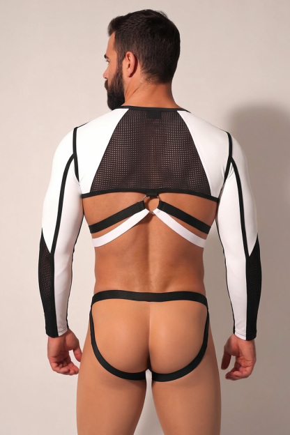 Mysteryglove Black & White Mesh Harness Set, Long Sleeve Crop Top + Open-Back Jock Bottom + O-Ring Detail