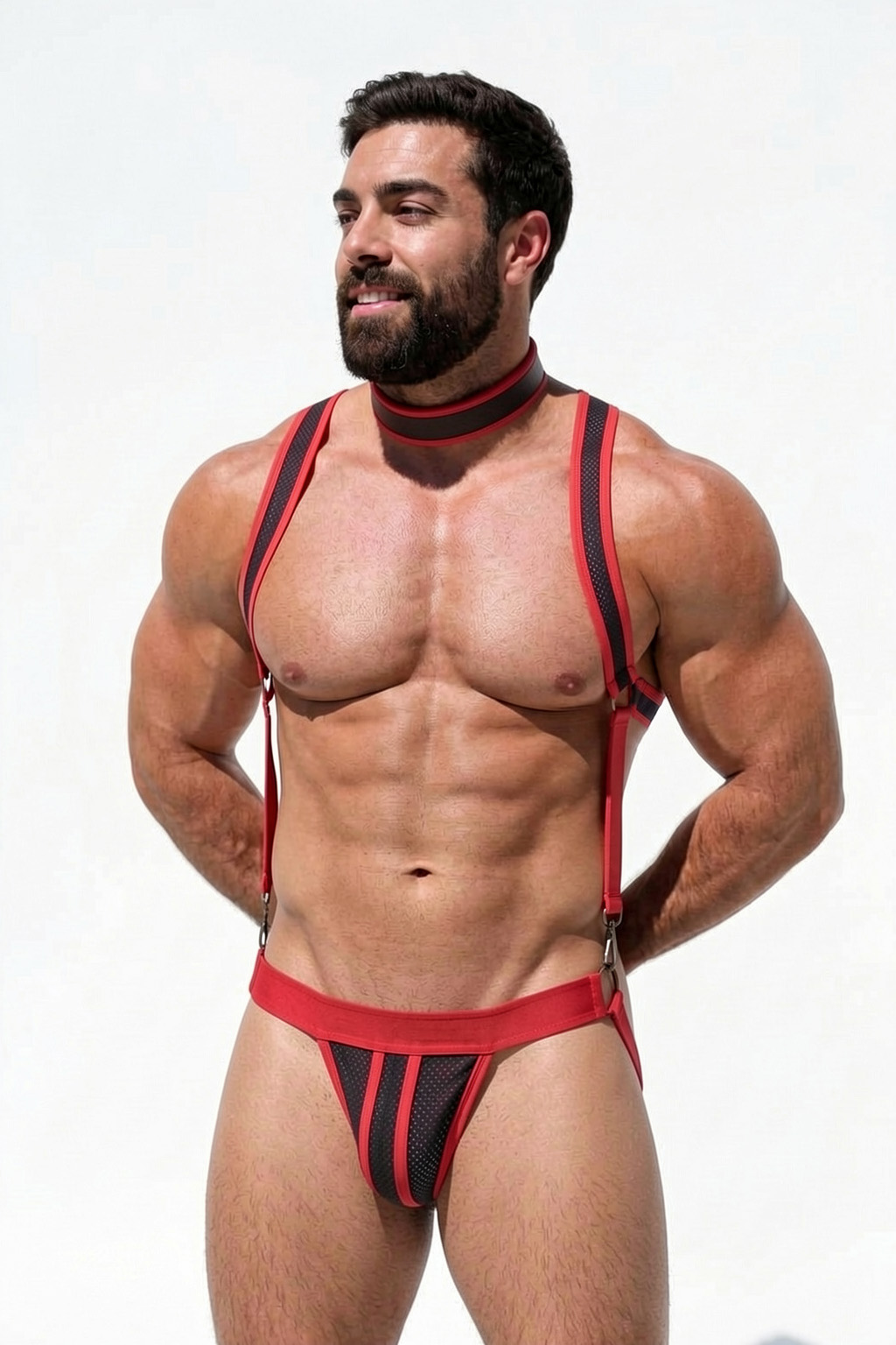 Mysteryglove Red & Black Mesh Harness Set, Chest Harness Top + Suspender Jock Bottom + O-Ring Detail