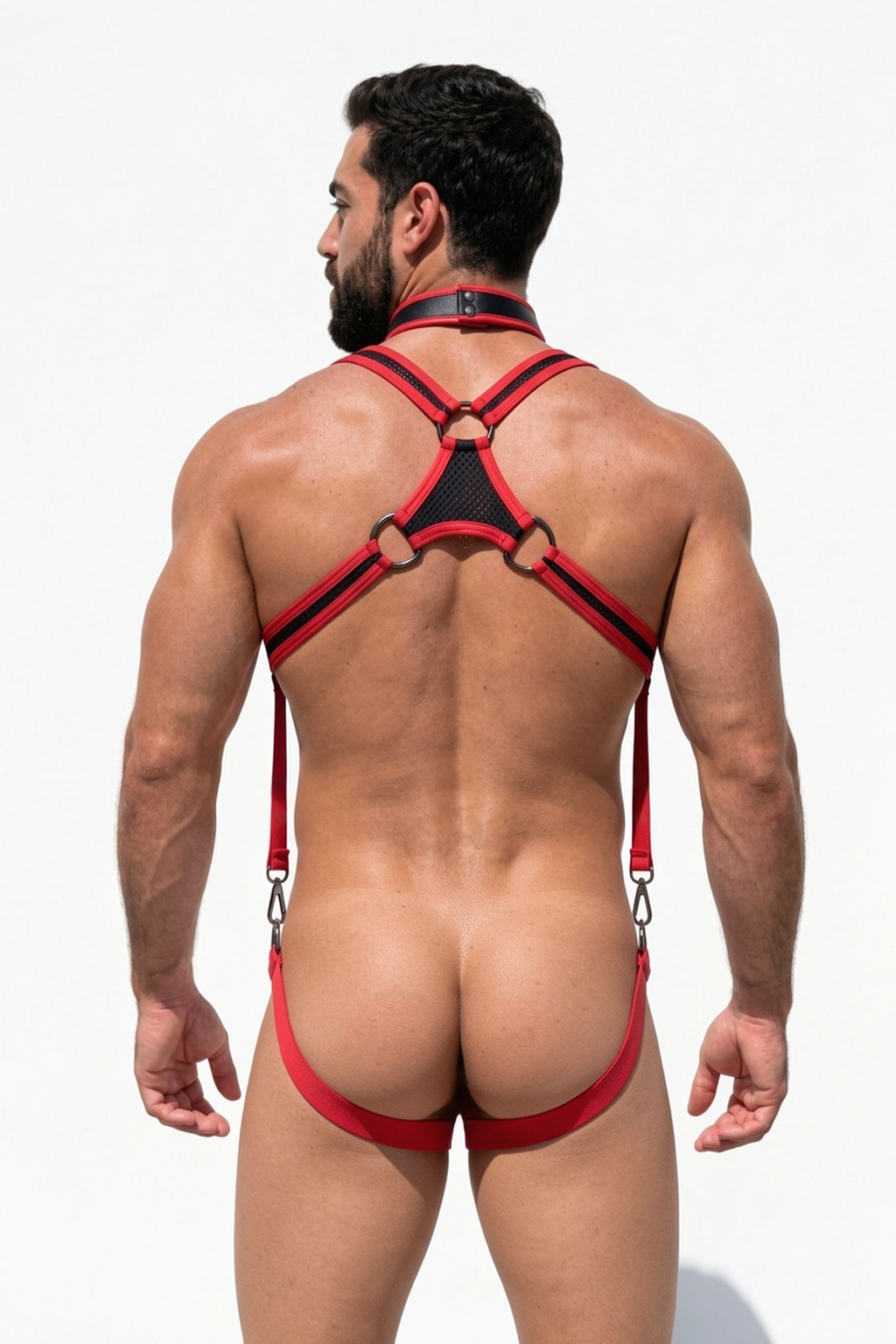 Mysteryglove Red & Black Mesh Harness Set, Chest Harness Top + Suspender Jock Bottom + O-Ring Detail