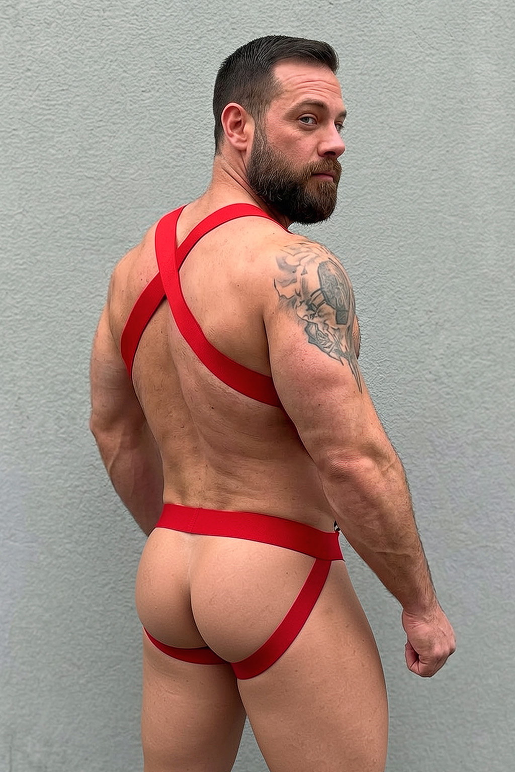 Red Elastic Webbing Harness Jockstrap Set — Geometric Chest Strap + X-Back Structure for Club & Pride Wear