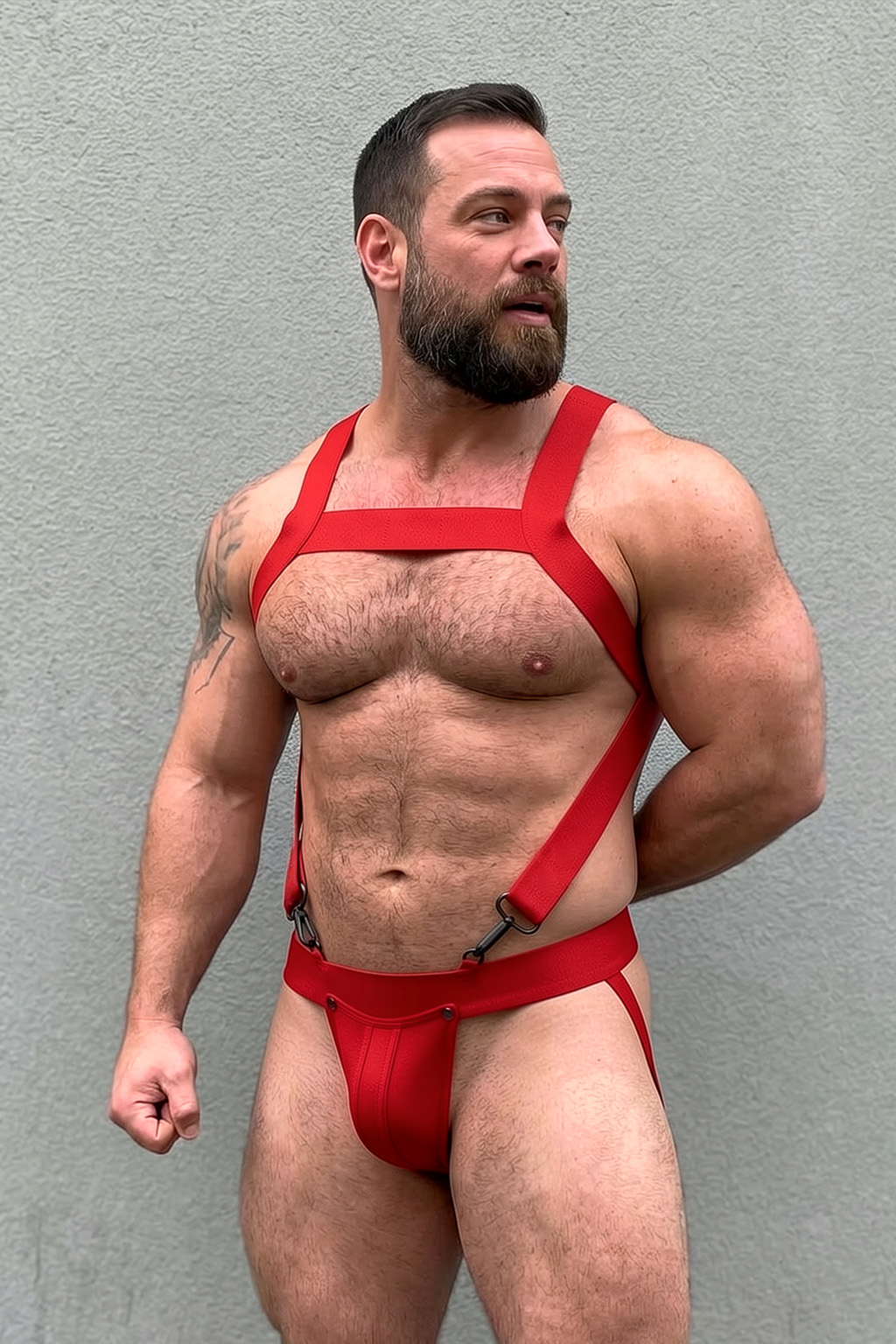 Red Elastic Webbing Harness Jockstrap Set — Geometric Chest Strap + X-Back Structure for Club & Pride Wear