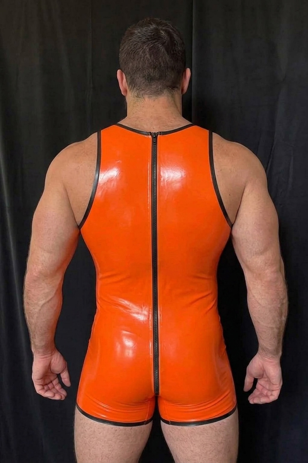 Orange Gloss PU Leather Singlet Bodysuit — Halloween Bat Print + Front & Back Full-Length Zipper Design