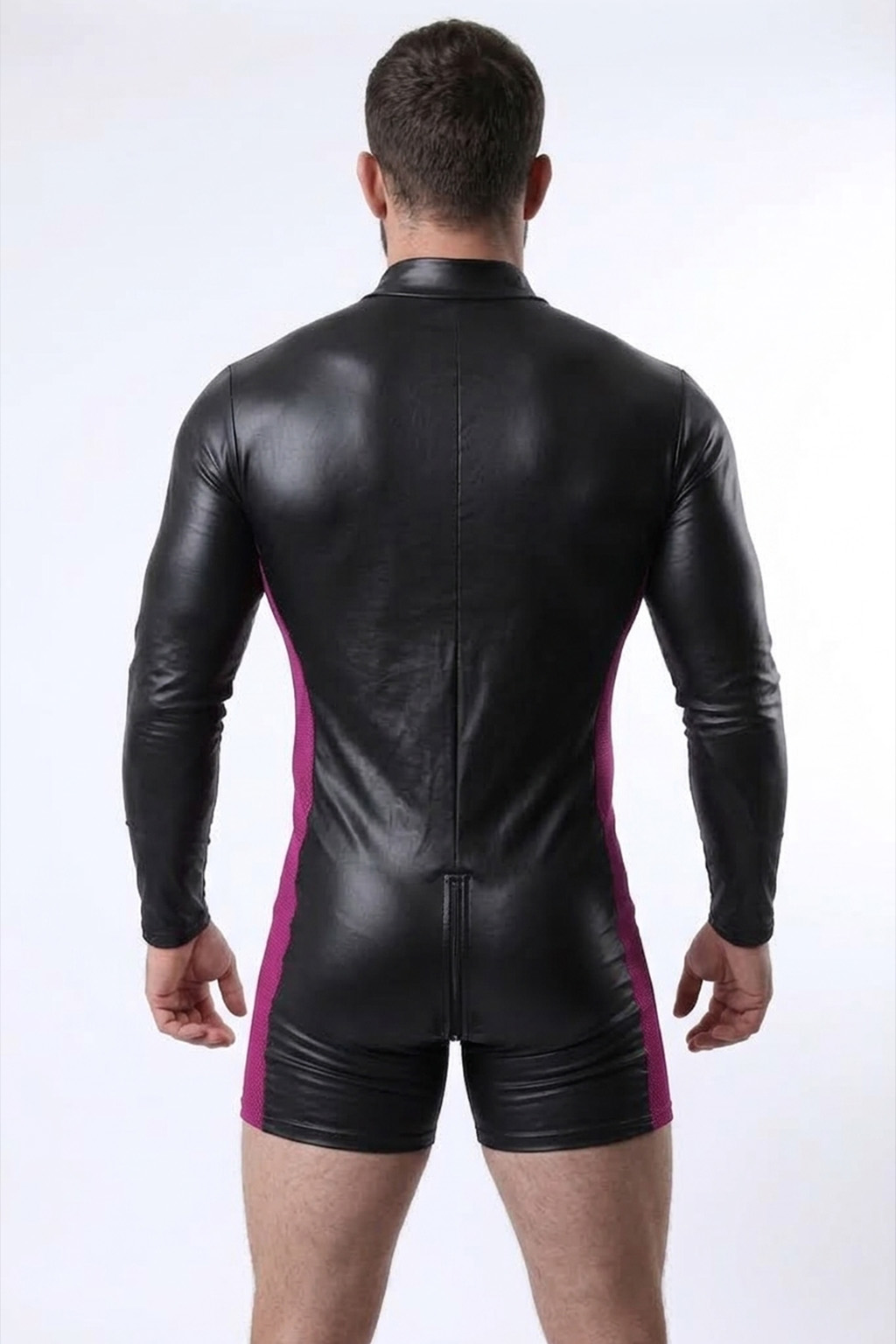Mysteryglove Men's Black & Pink PU Leather Long Sleeve Bodysuit with Front Zipper & Open Back