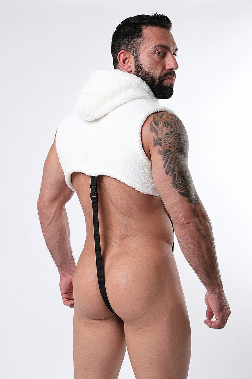 Mysteryglove Men's White Teddy Hood Harness Bodysuit, Open Chest Crop Top + Black PU Jockstrap Design