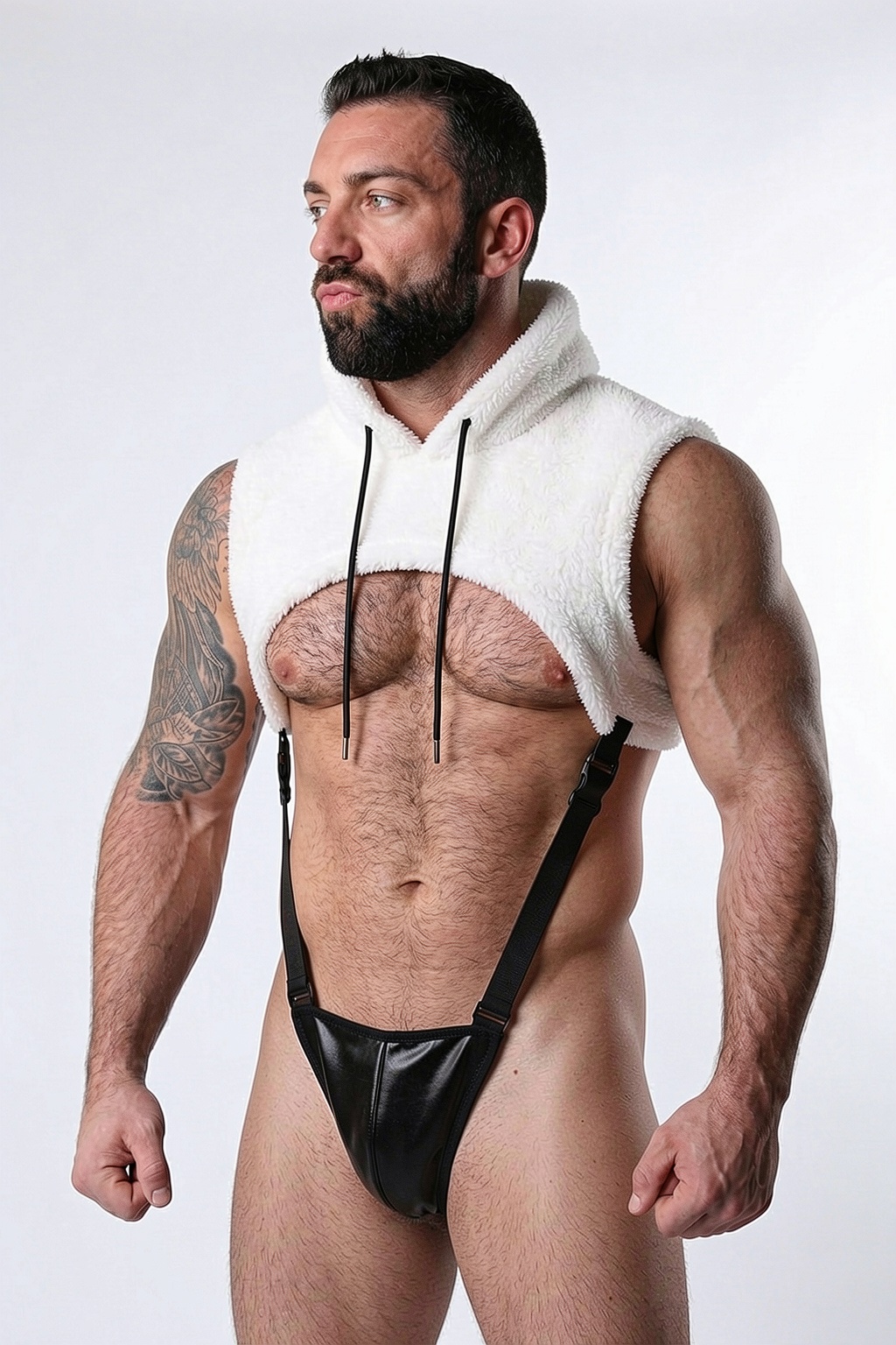 Mysteryglove Men's White Teddy Hood Harness Bodysuit, Open Chest Crop Top + Black PU Jockstrap Design
