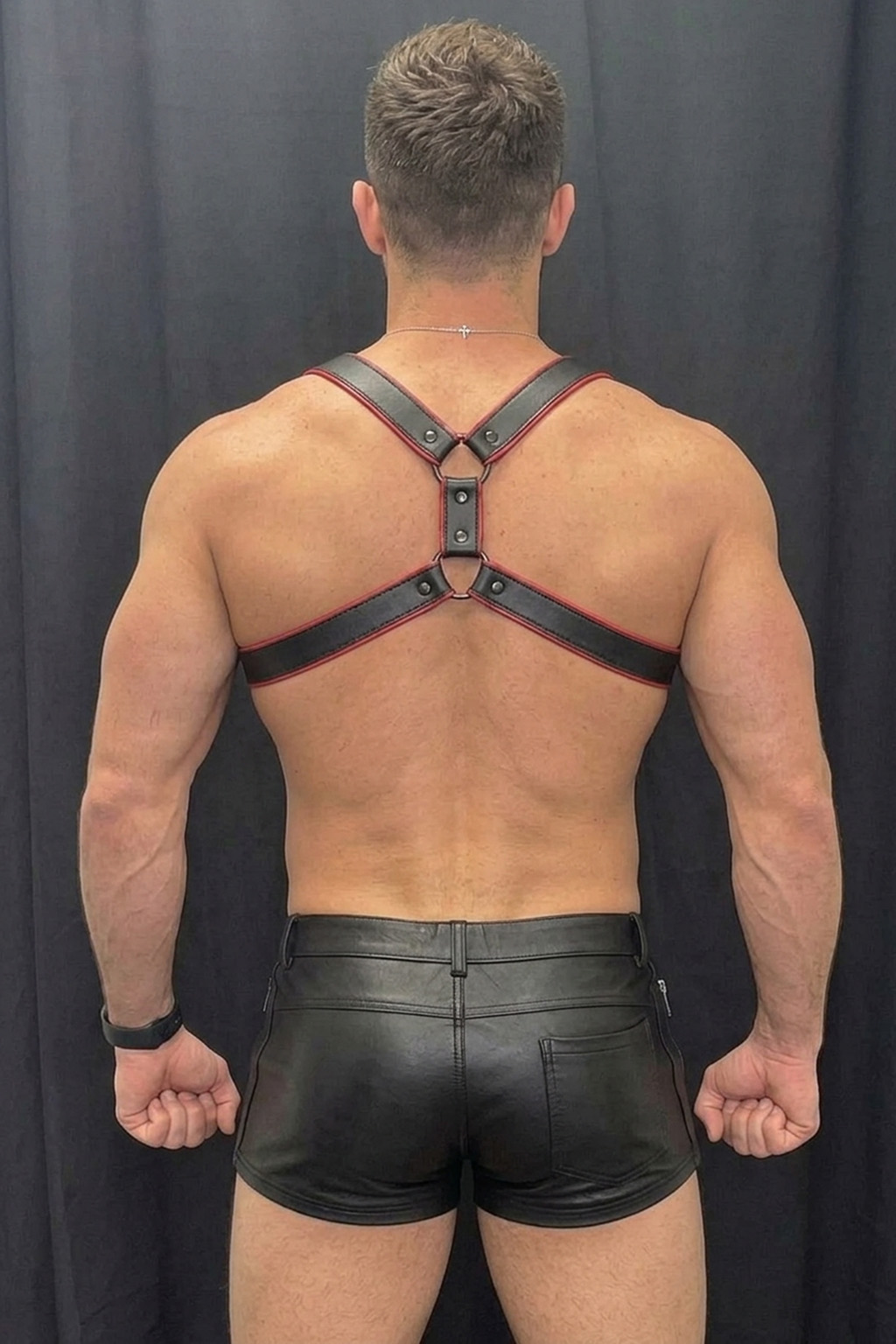 Mysteryglove Men's Black & Red PU Leather Harness Vest, O-Ring Chest Strap + Studded Details + Open Back Design