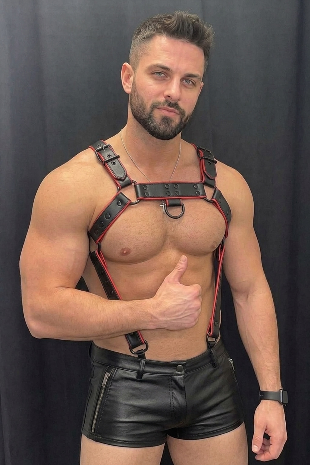 Mysteryglove Men's Black & Red PU Leather Harness Vest, O-Ring Chest Strap + Studded Details + Open Back Design