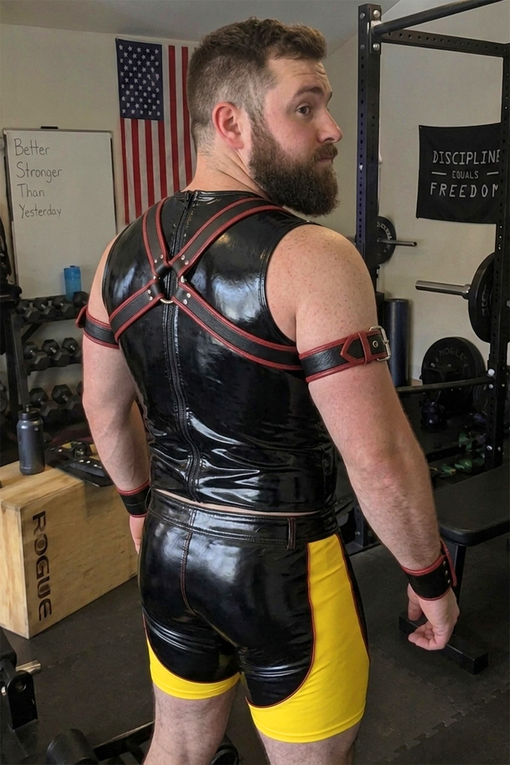 Mysteryglove Men's Black Gloss PU Harness Vest Set, Red Trim + Yellow Contrast Shorts + O-Ring Back Design