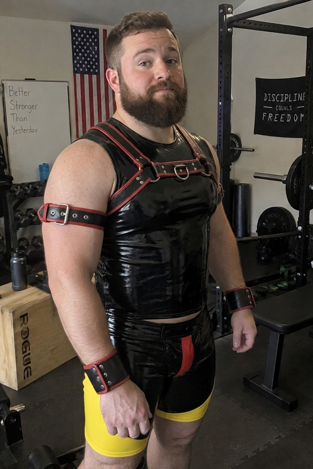Mysteryglove Men's Black Gloss PU Harness Vest Set, Red Trim + Yellow Contrast Shorts + O-Ring Back Design