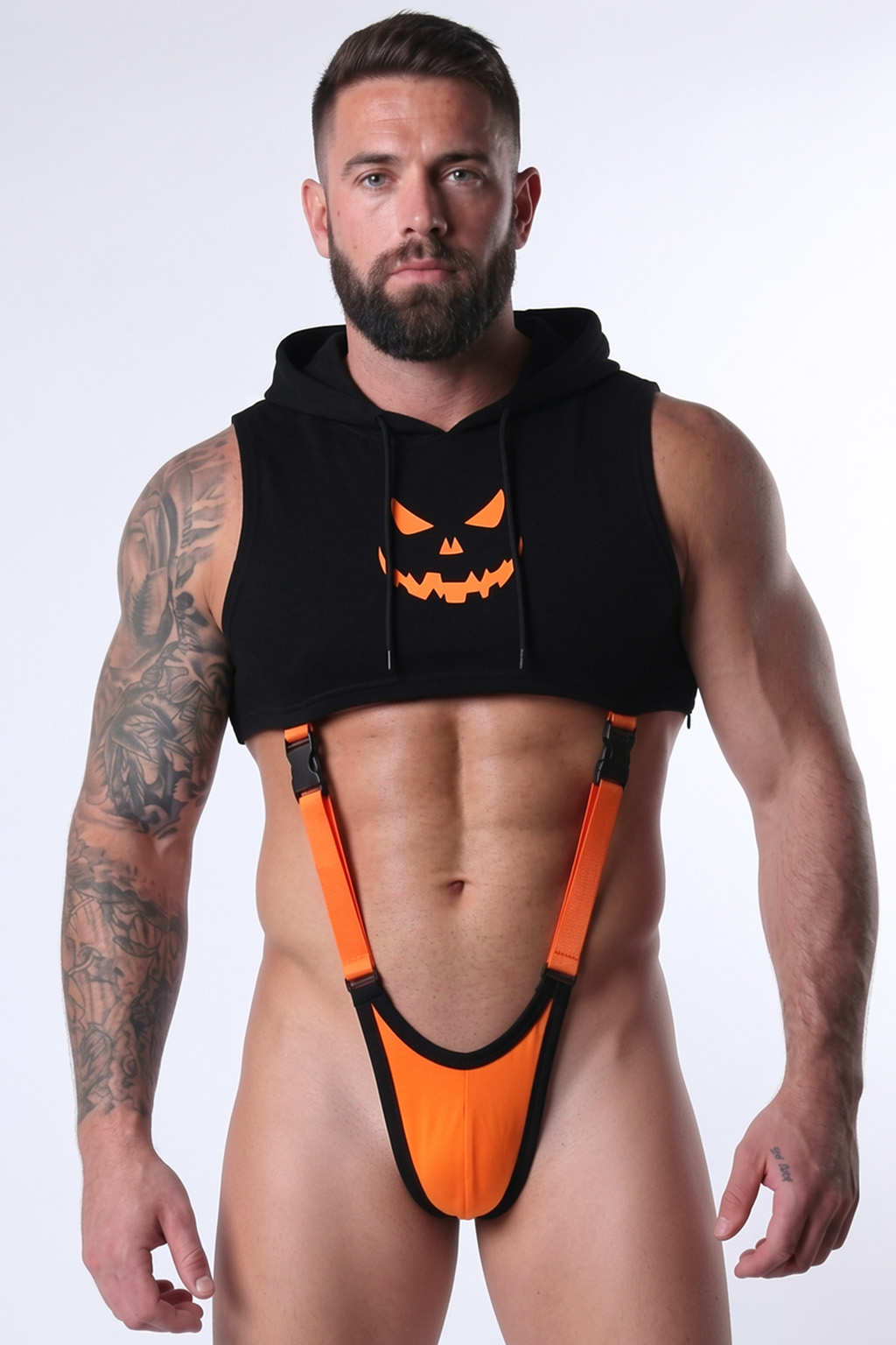 Black & Orange Elastic Webbing Harness Jockstrap Set — Hooded Crop Top + Open Back Strap Structure for Halloween & Club Wear