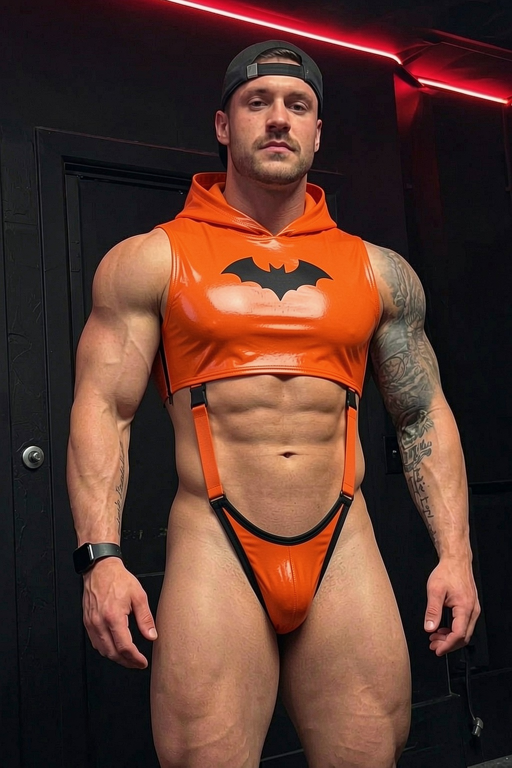 Mysteryglove Halloween Orange Gloss PU Crop Hood Bodysuit, Bat Print + Open Back Harness Jock Design