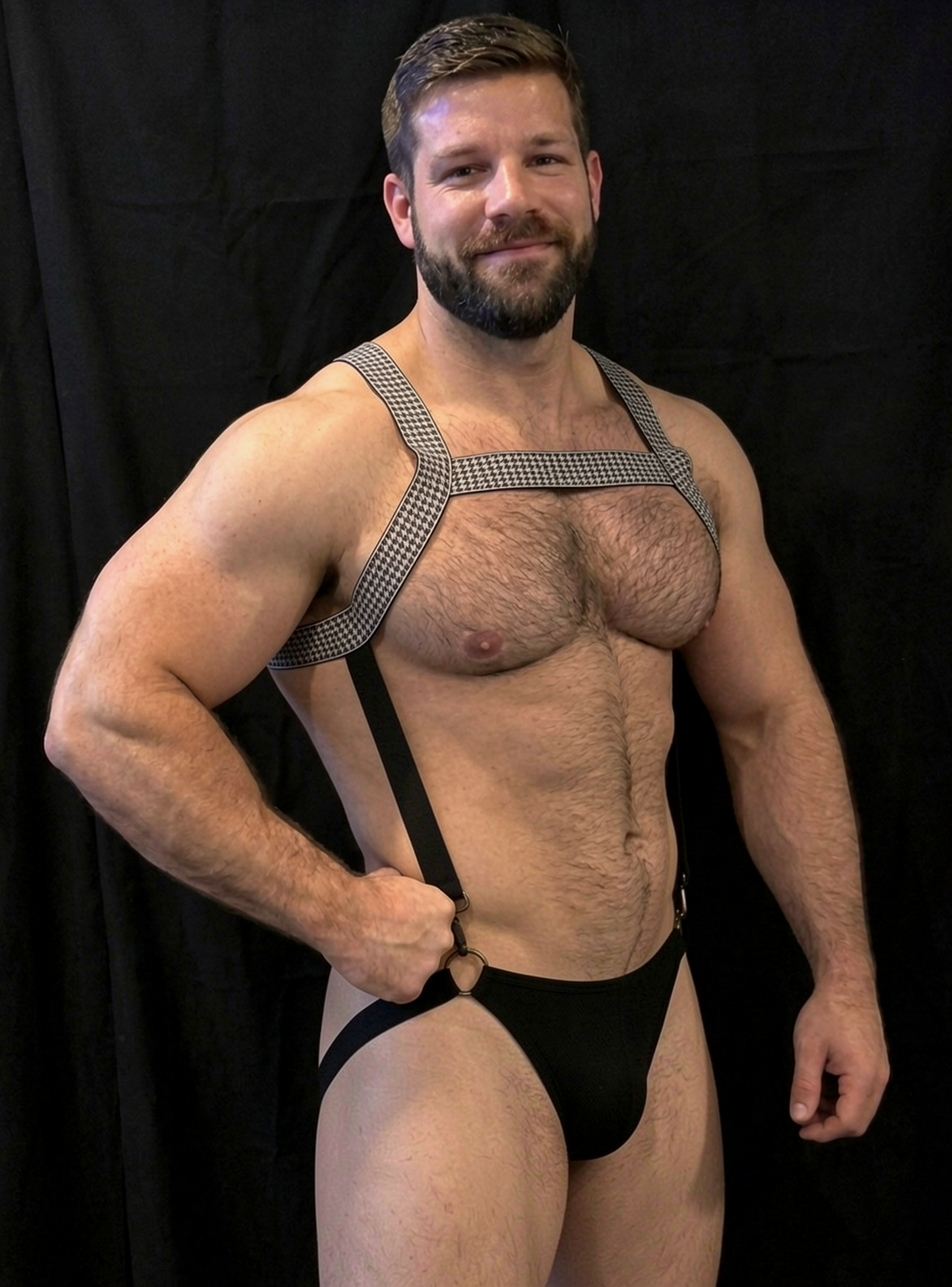 Mysteryglove Men's Black & White Pattern Harness Jockstrap Set, X-Back Straps + O-Ring Detail + Open Back Design