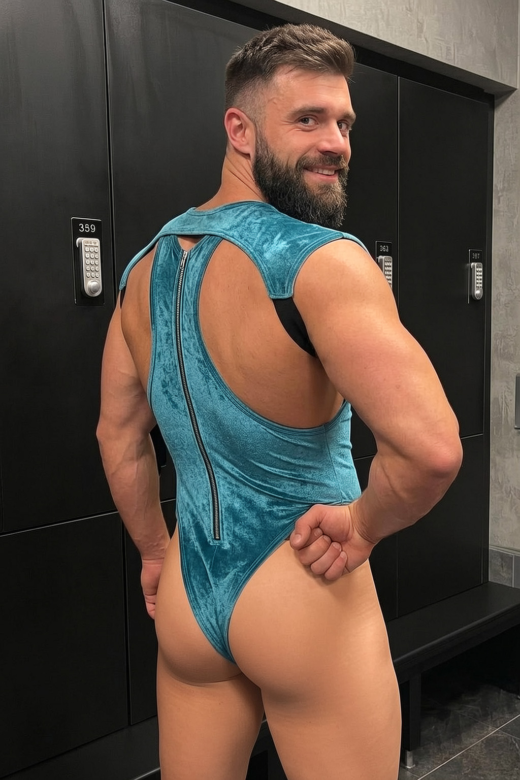 Metallic Blue PU Leather Cutout Bodysuit — Shoulder Panel Structure + Open Back Design for Club & Performance Wear