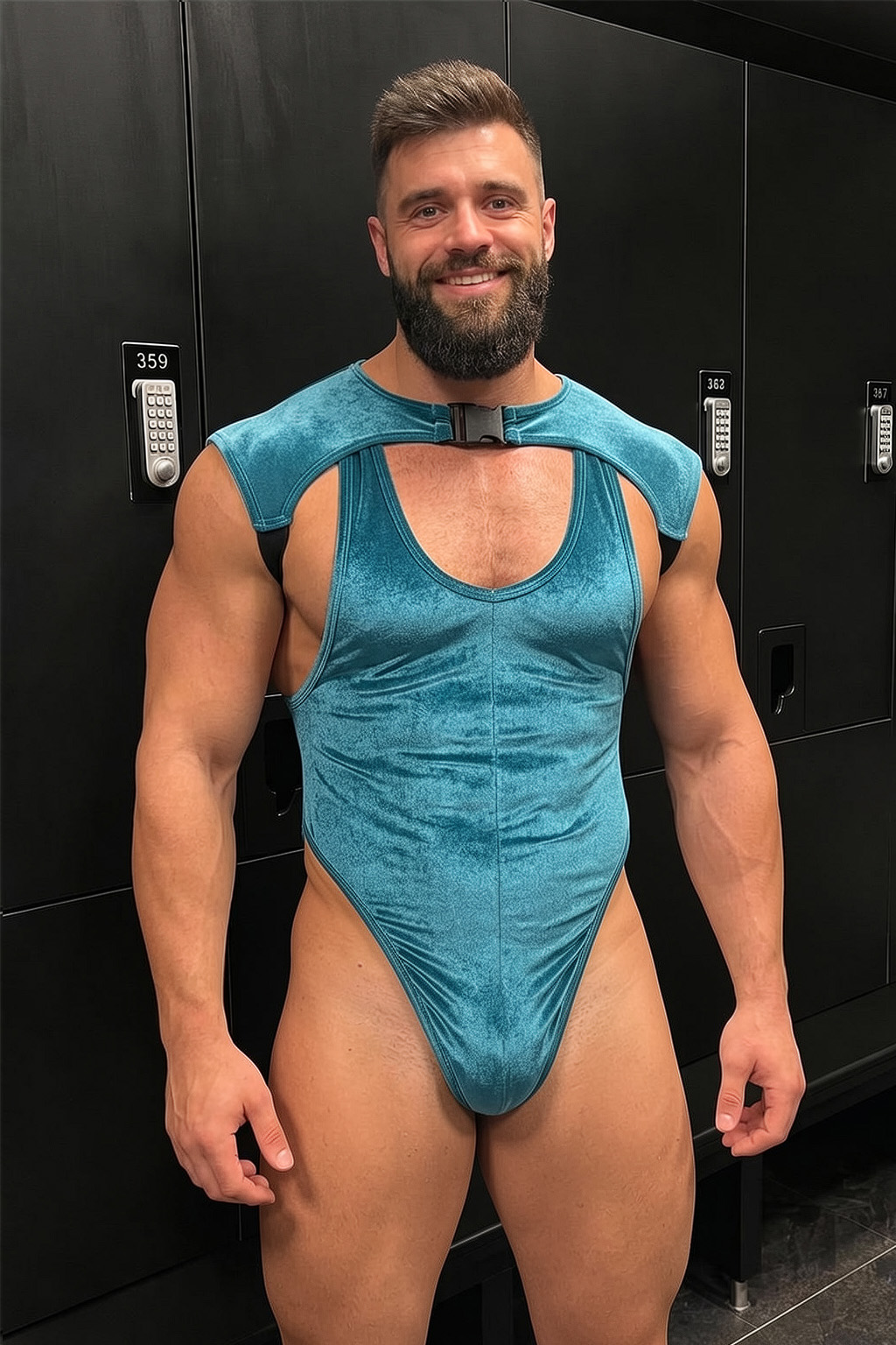 Metallic Blue PU Leather Cutout Bodysuit — Shoulder Panel Structure + Open Back Design for Club & Performance Wear