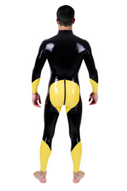 Mysteryglove Men’s PU Leather Full Body Catsuit – Black and Yellow Contrast with Front Pouch