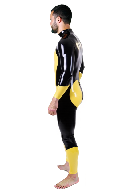 Mysteryglove Men’s PU Leather Full Body Catsuit – Black and Yellow Contrast with Front Pouch