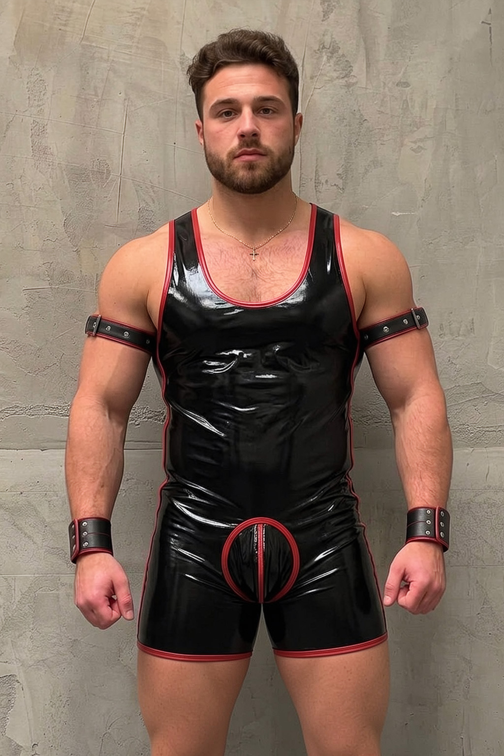 Mysteryglove Men's Black & Red Gloss PU Leather Singlet Bodysuit, Open Chest Ring Detail + Back Zip + Arm Straps