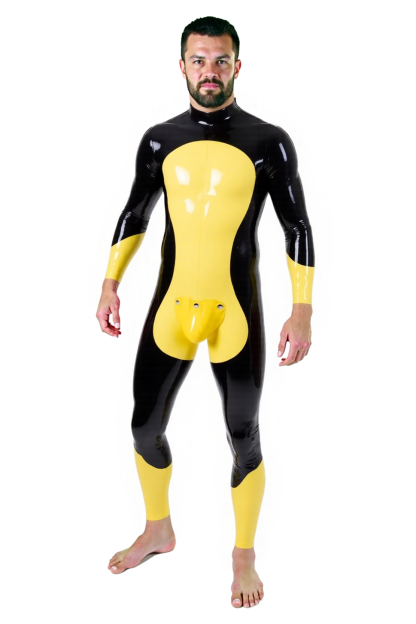 Mysteryglove Men’s PU Leather Full Body Catsuit – Black and Yellow Contrast with Front Pouch