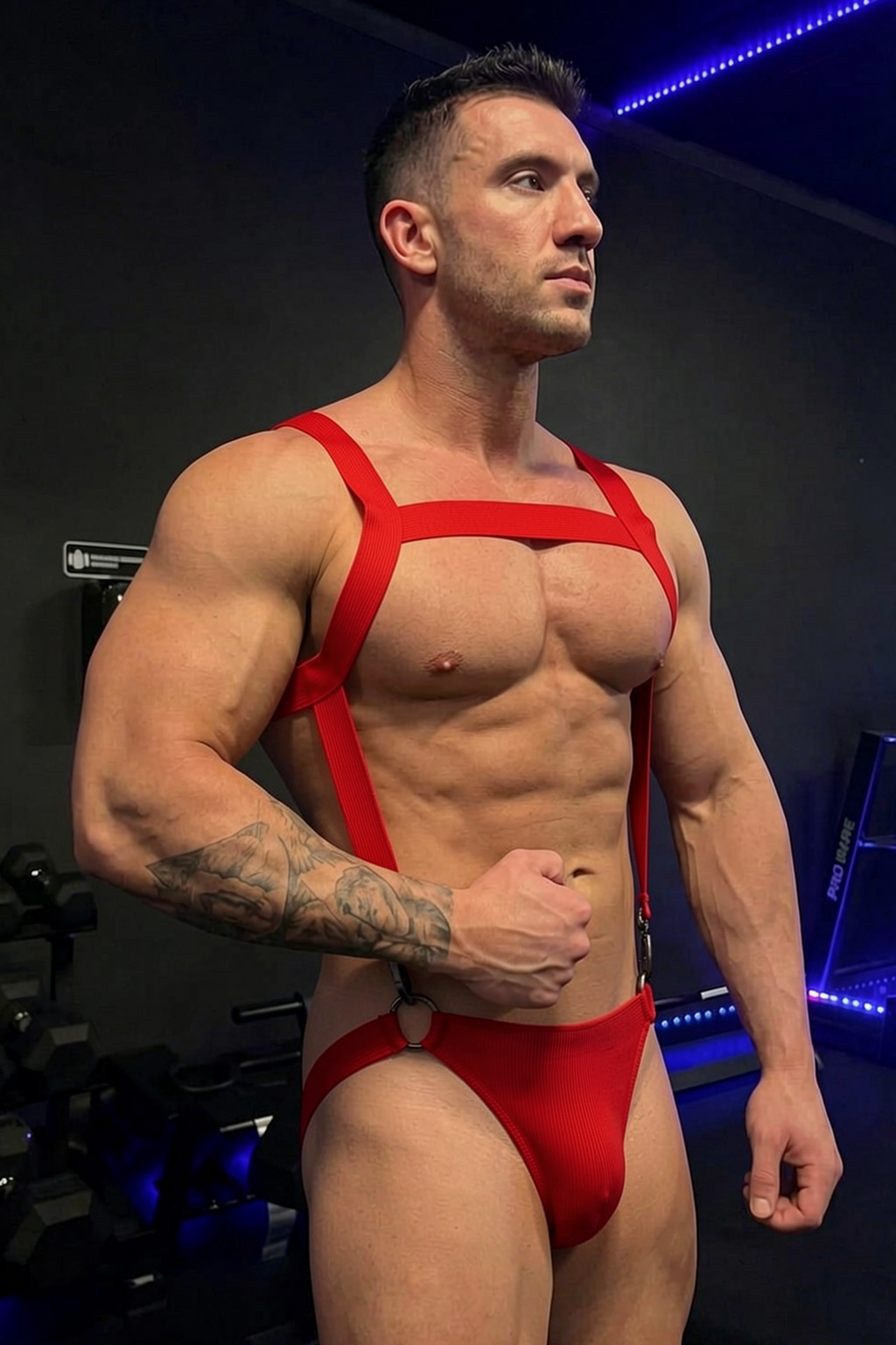 Mysteryglove Men's Red Elastic Webbing Harness Jockstrap Set — X-Back Chest Structure + O-Ring Connection for Club & Pride Wear