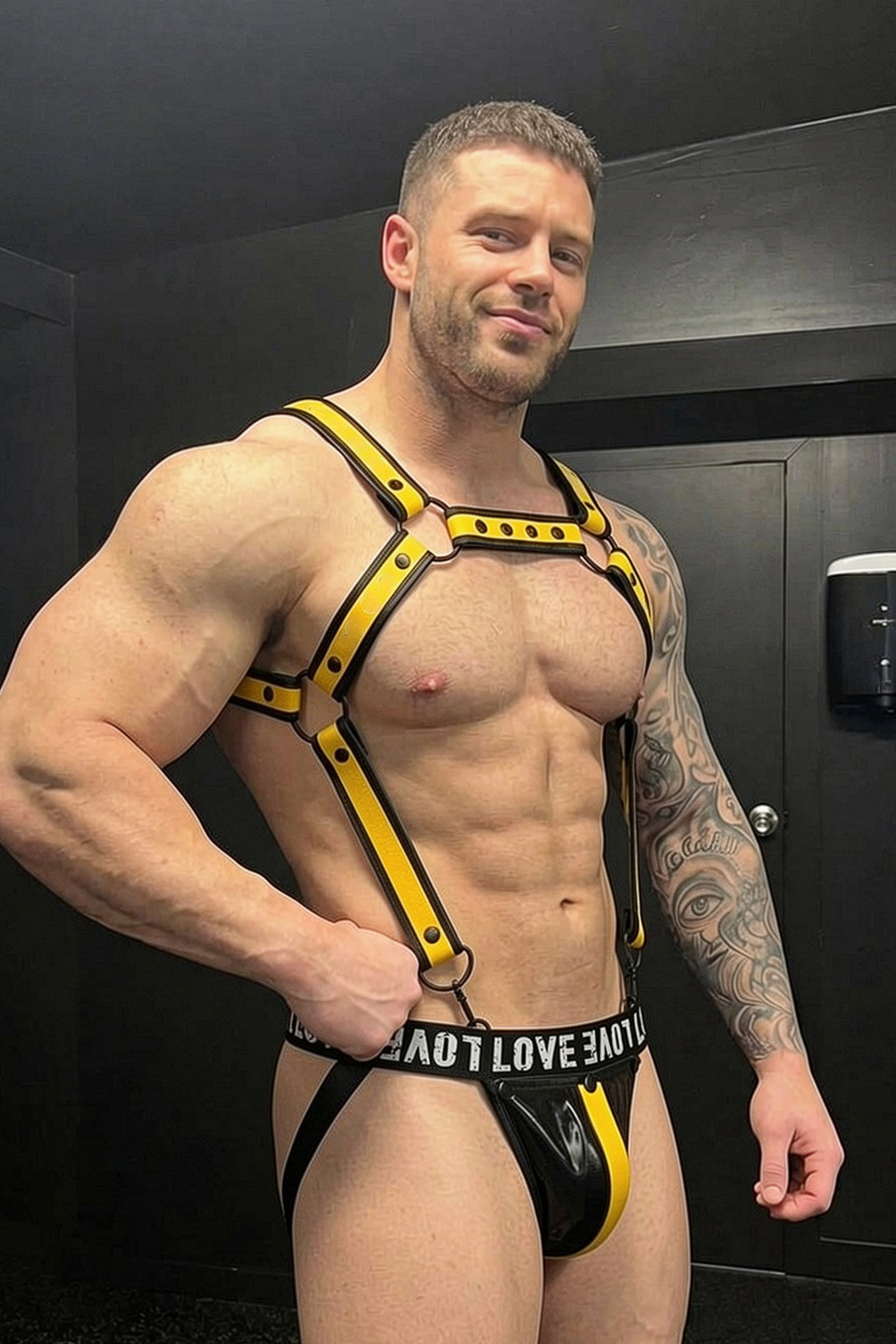 Mysteryglove Yellow & Black PU Leather Harness Set — Studded Chest Strap Structure + Jockstrap Design for Club & Fetish Wear