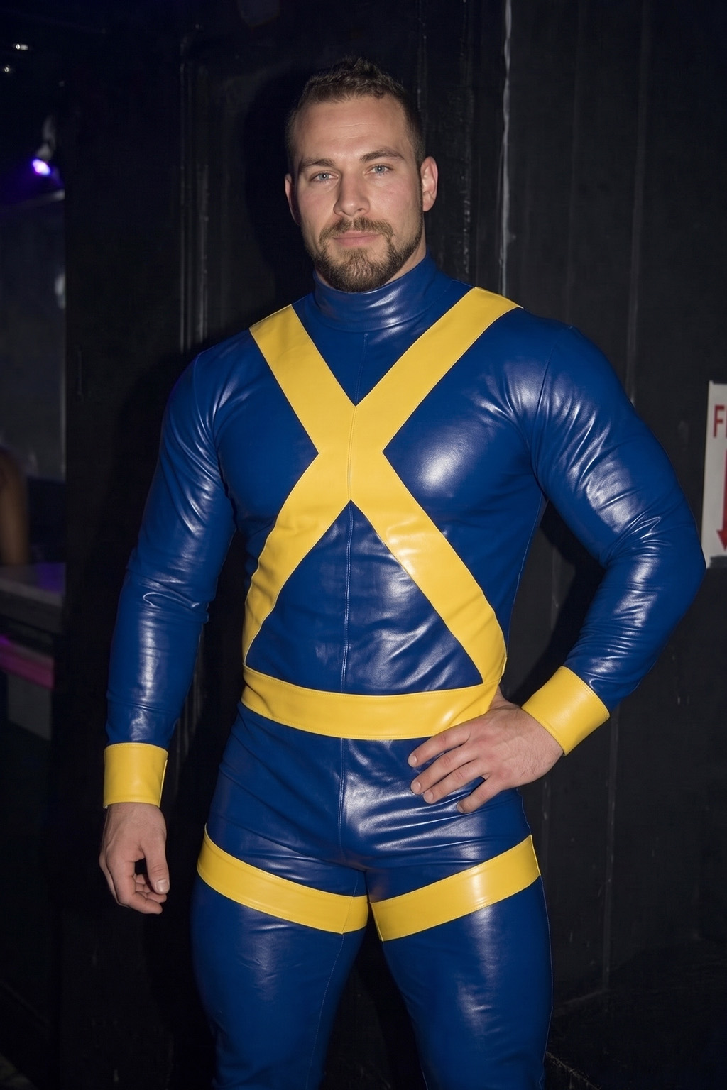 Mysteryglove Blue & Yellow Gloss PU Leather Bodysuit — X Panel Design + Full-Length Back Zipper for Costume & Club Wear