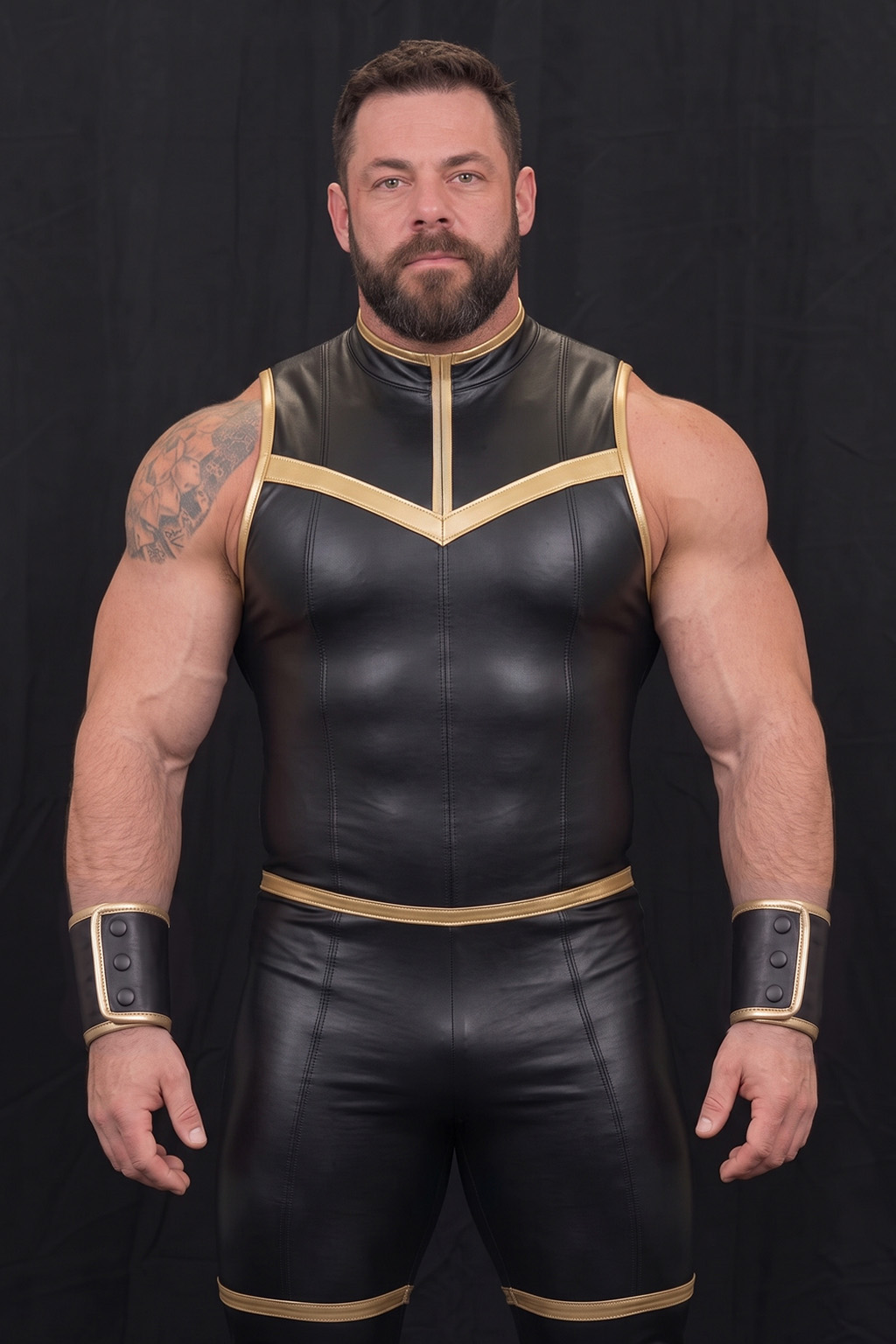 Mysteryglove Black Gloss PU Leather Singlet Bodysuit — Gold Contrast Trim + Full-Length Back Zipper for Club & Performance Wear