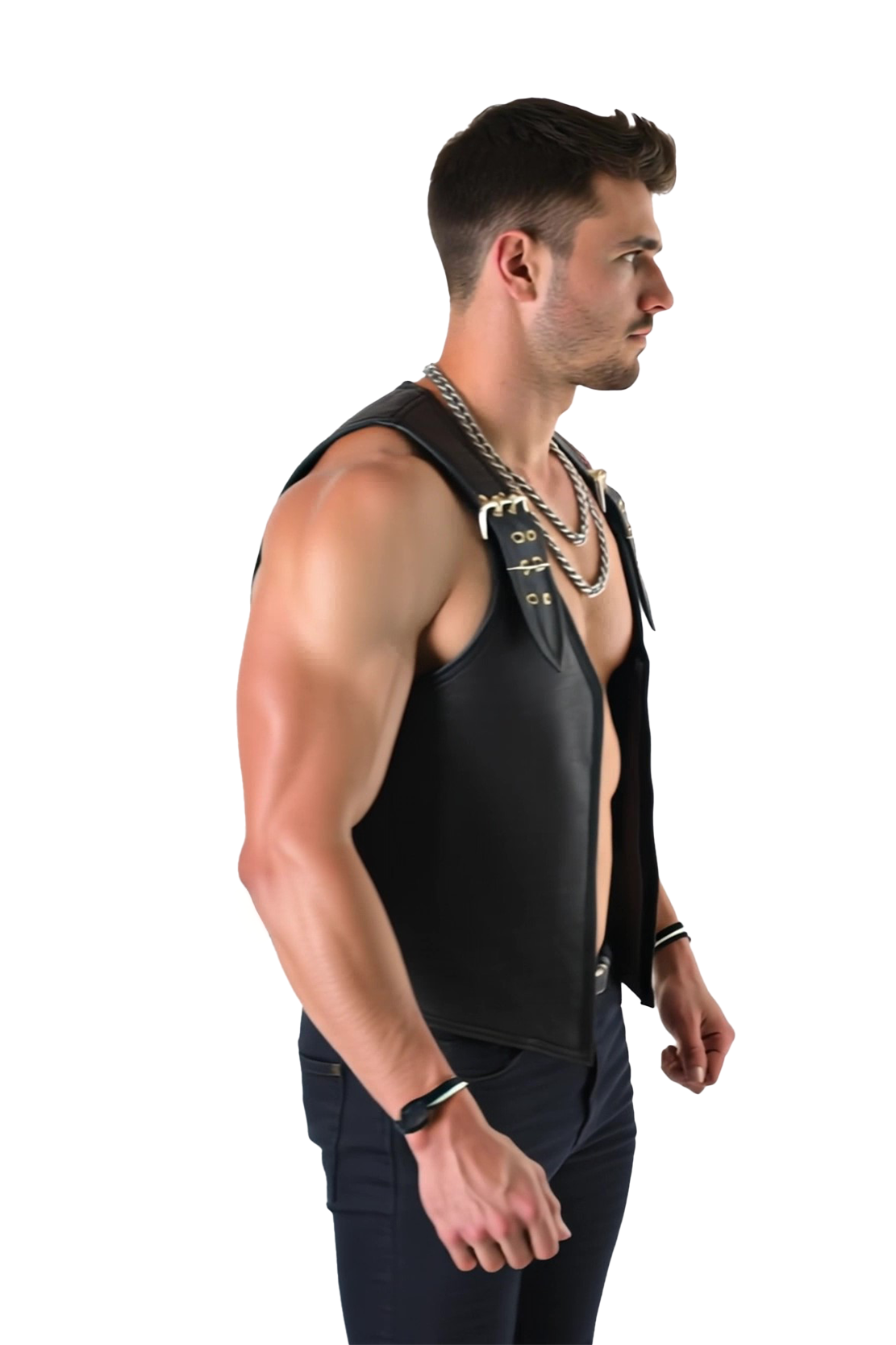 Mysteryglove Men’s PU Leather Harness Vest – Open Front Biker Style with Buckle Straps