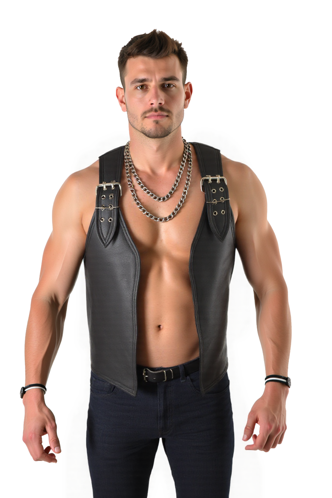 Mysteryglove Men’s PU Leather Harness Vest – Open Front Biker Style with Buckle Straps