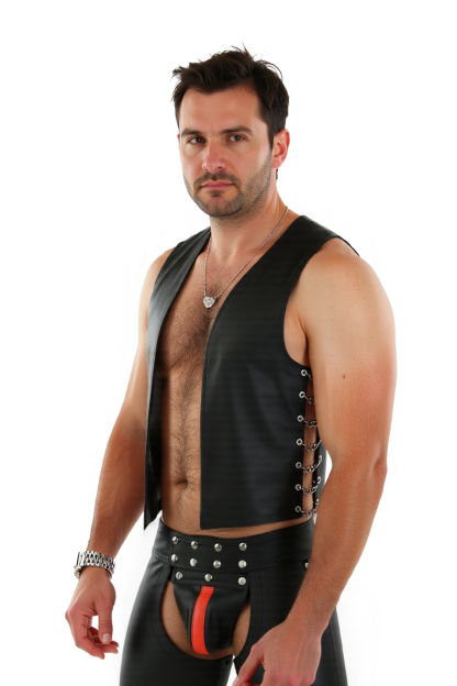 Mysteryglove Black PU Leather Vest and Shorts Set – Bold and Sexy Fetish Outfit with Metal Details
