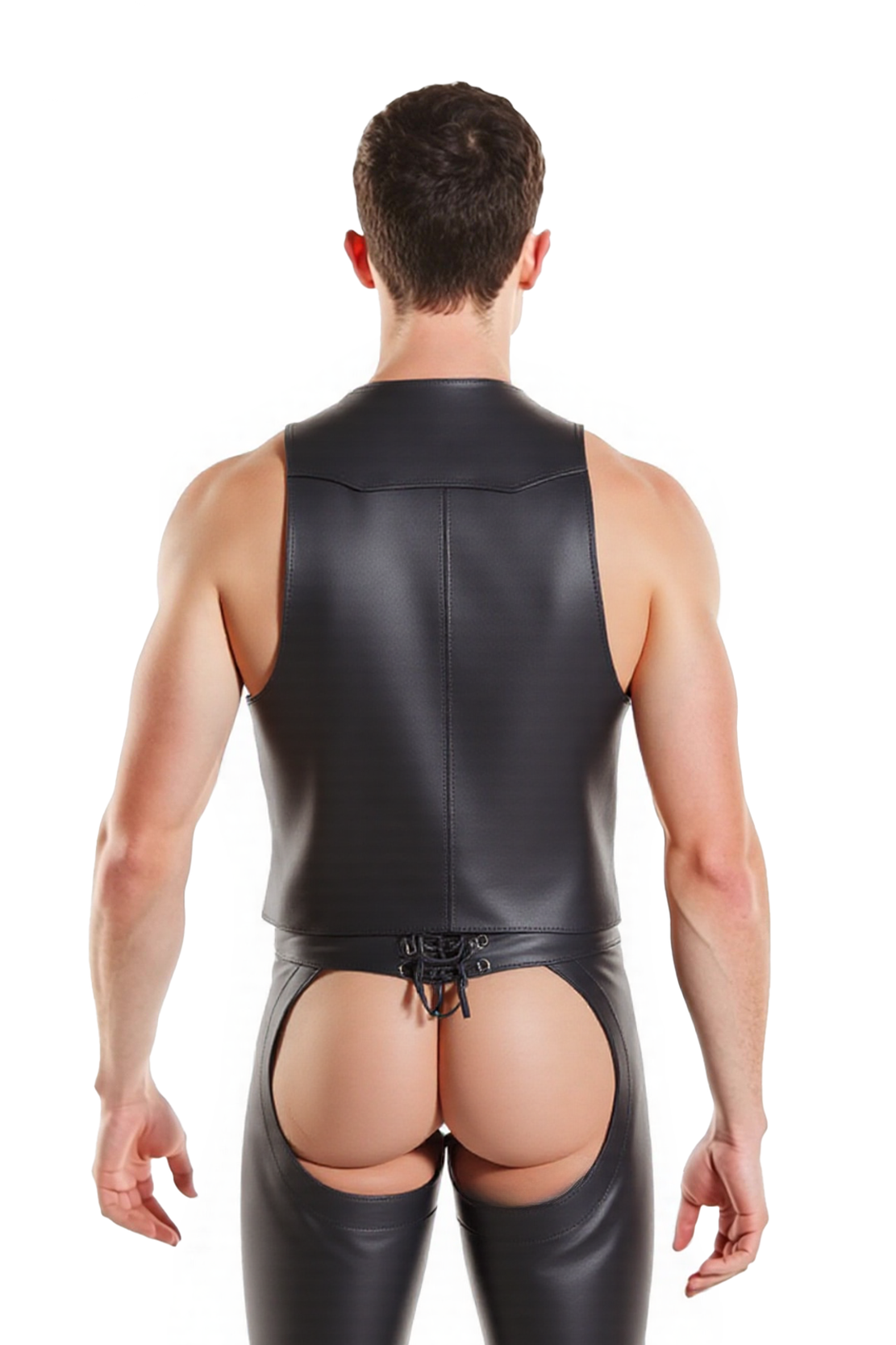 Mysteryglove Black PU Leather Vest and Backless Pants Set – Bold and Edgy Fetish Outfit with Lace-Up Detail