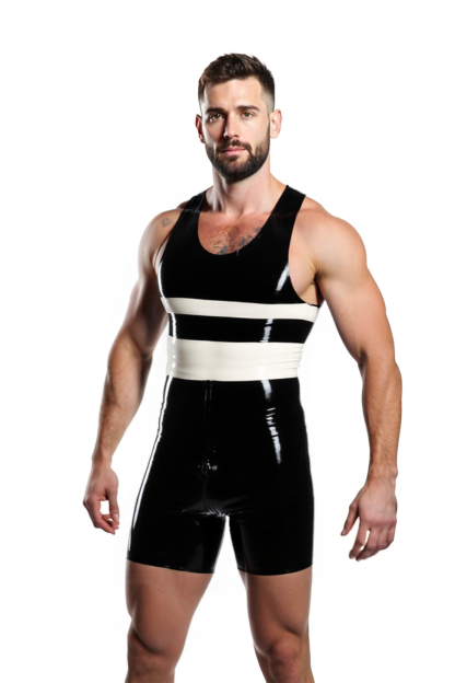 Mysteryglove Men’s Glossy PU Leather Bodysuit – Black Sleeveless Jumpsuit with Bold Contrast Stripes