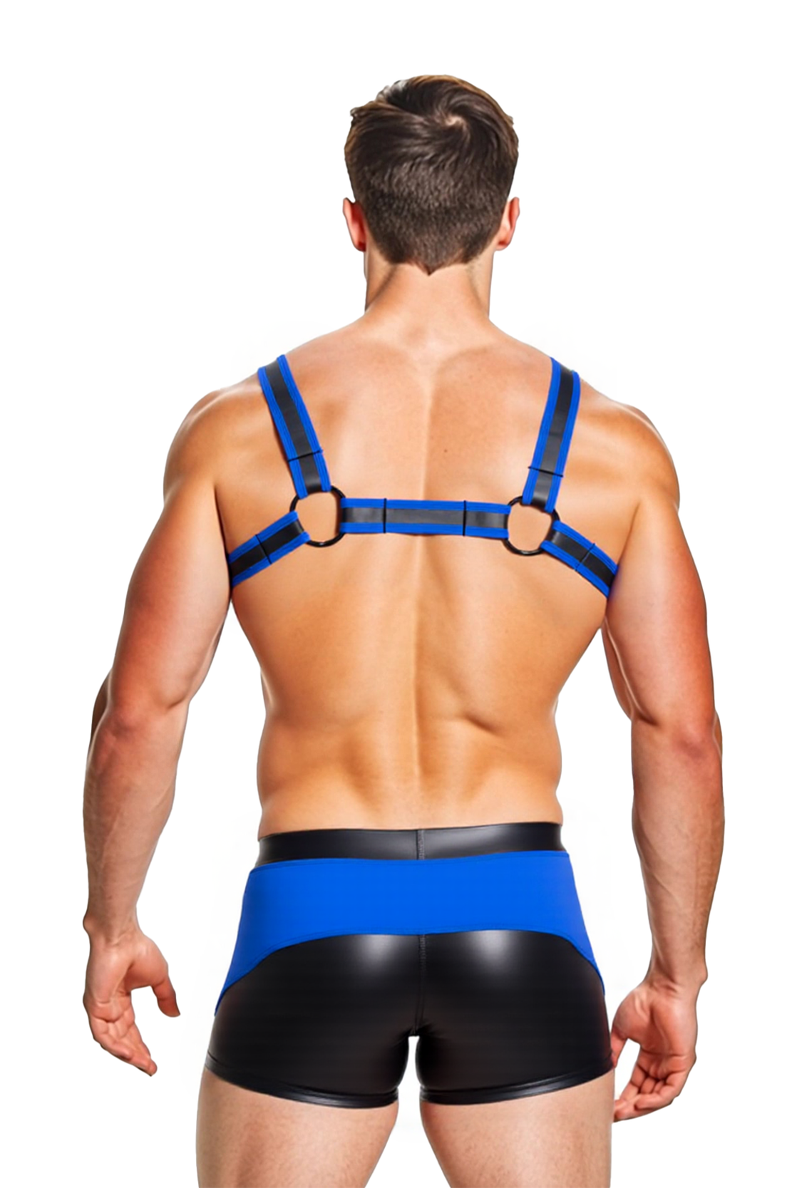 Mysteryglove Men’s Fetish Harness & Trunk Set – Blue and Black Strap Chest Harness with Matching PU Shorts