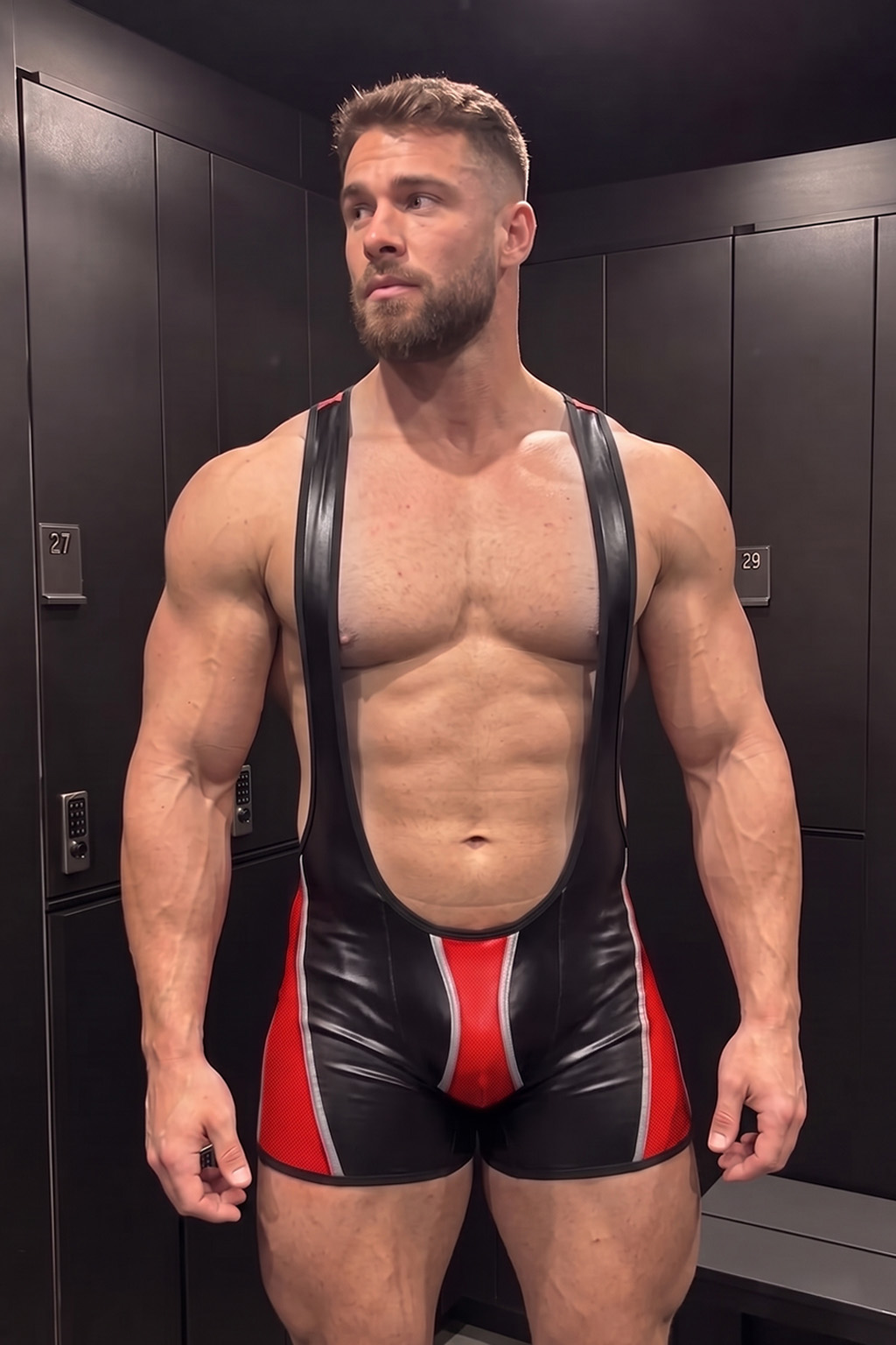 Mysteryglove Black & Red Gloss PU Leather Bodysuit — Open Back Design + Front & Rear Zipper Structure for Club Wear