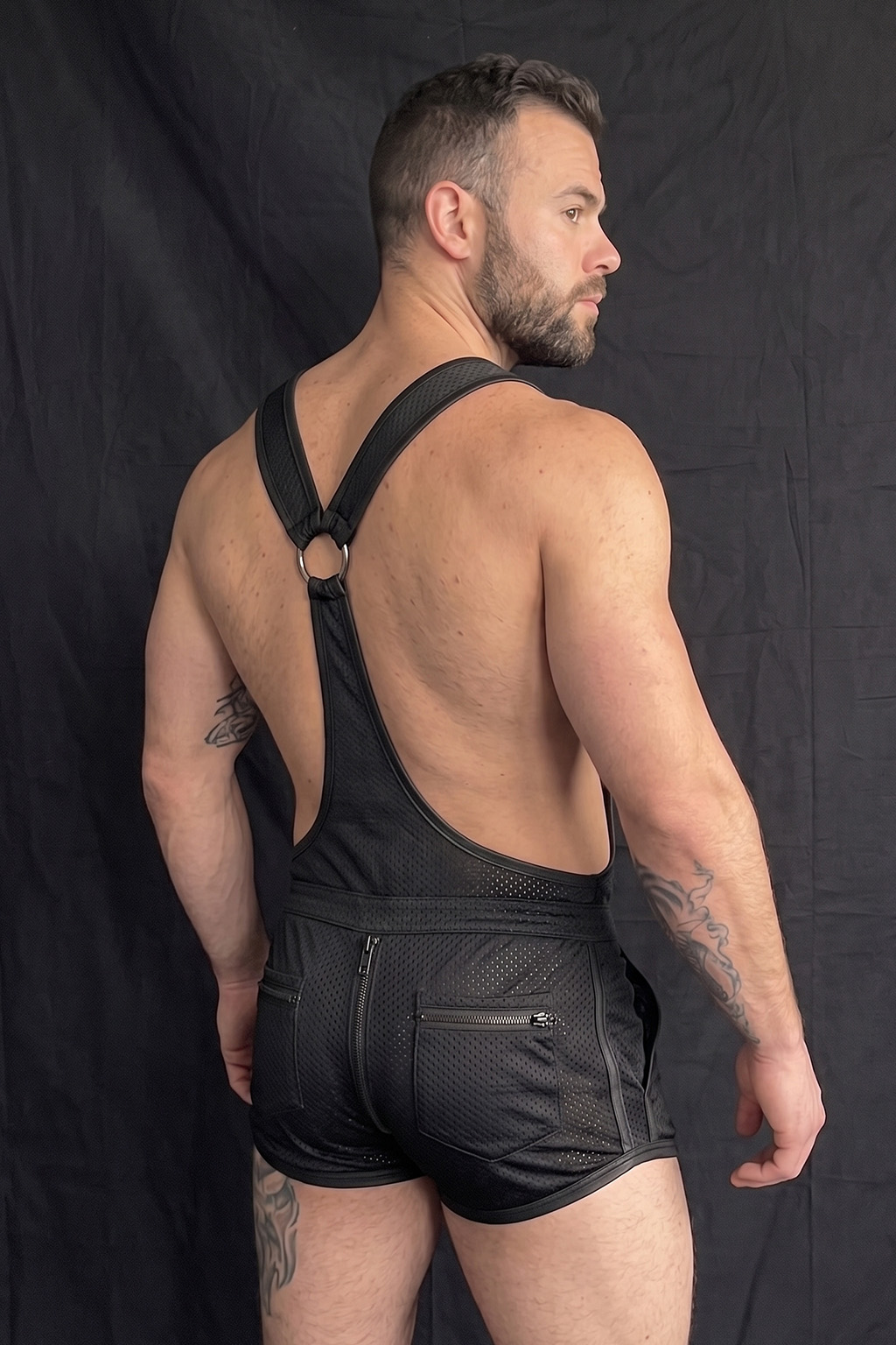 Mysteryglove Men's Black Mesh Open Side Harness Romper with Adjustable Straps and Zip Pockets